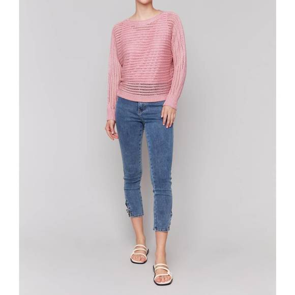 NEW CHARLIE B metallic fishnet dolman sweater in guava - Picture 1 of 2